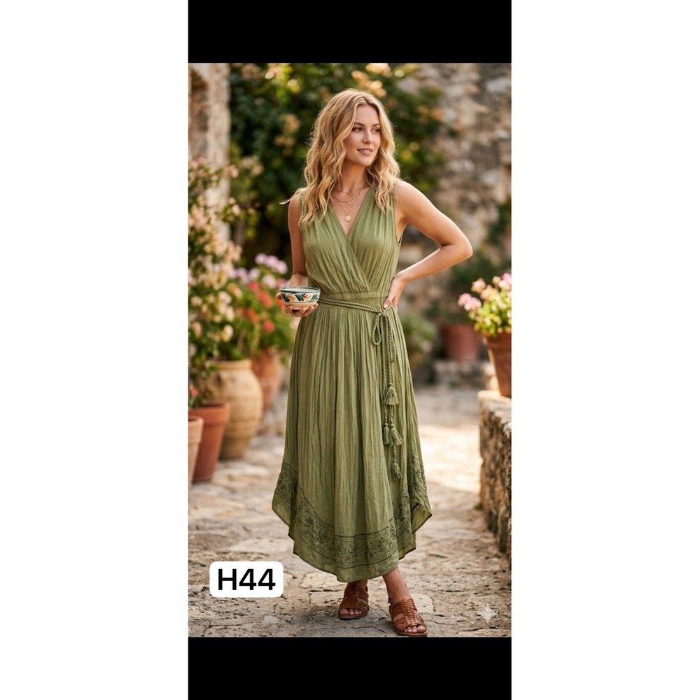 Ramy Brook Hayley Embroidered Midi Dress with Tassel Belt Sz L‎ Olive Green Boho